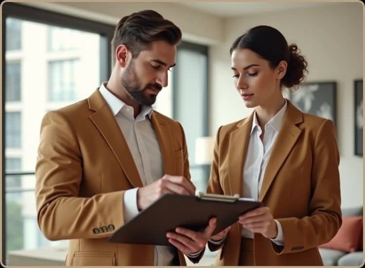 Dos profesionales de Century 21 Kiu revisando documentos para un Análisis Comparativo de Mercado en Cuajimalpa."