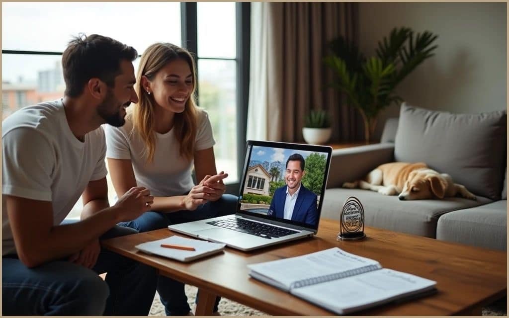 Una pareja sonriente sentada en un sofá, mirando una videollamada con un asesor inmobiliario en la pantalla de una laptop. En el fondo se puede ver una ventana con vista a la ciudad y un perro descansando en el sofá.